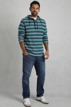 Payson Button Neck Striped Eco Macaroni Hoodie Ensign Blue -Everyday Luxe 118865