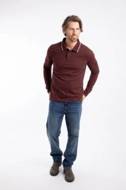 Theo Organic Cotton Textured Jersey Long Sleeve Polo Bitter Chocolate -Everyday Luxe 127113