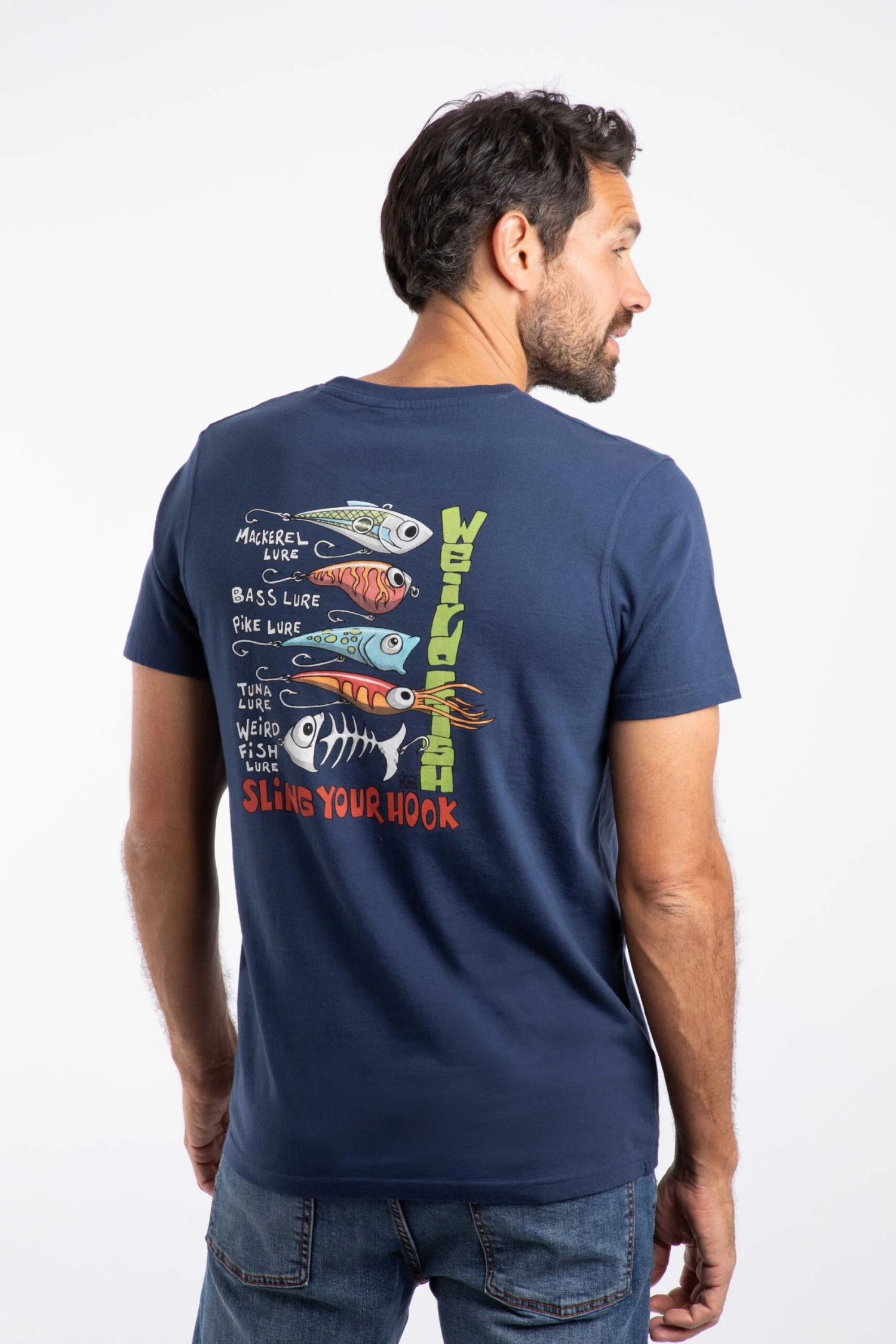 Sling Your Hook Back Print Artist T-Shirt Dark Blue 3 Sling Your Hook Back Print Artist T-Shirt Dark Blue