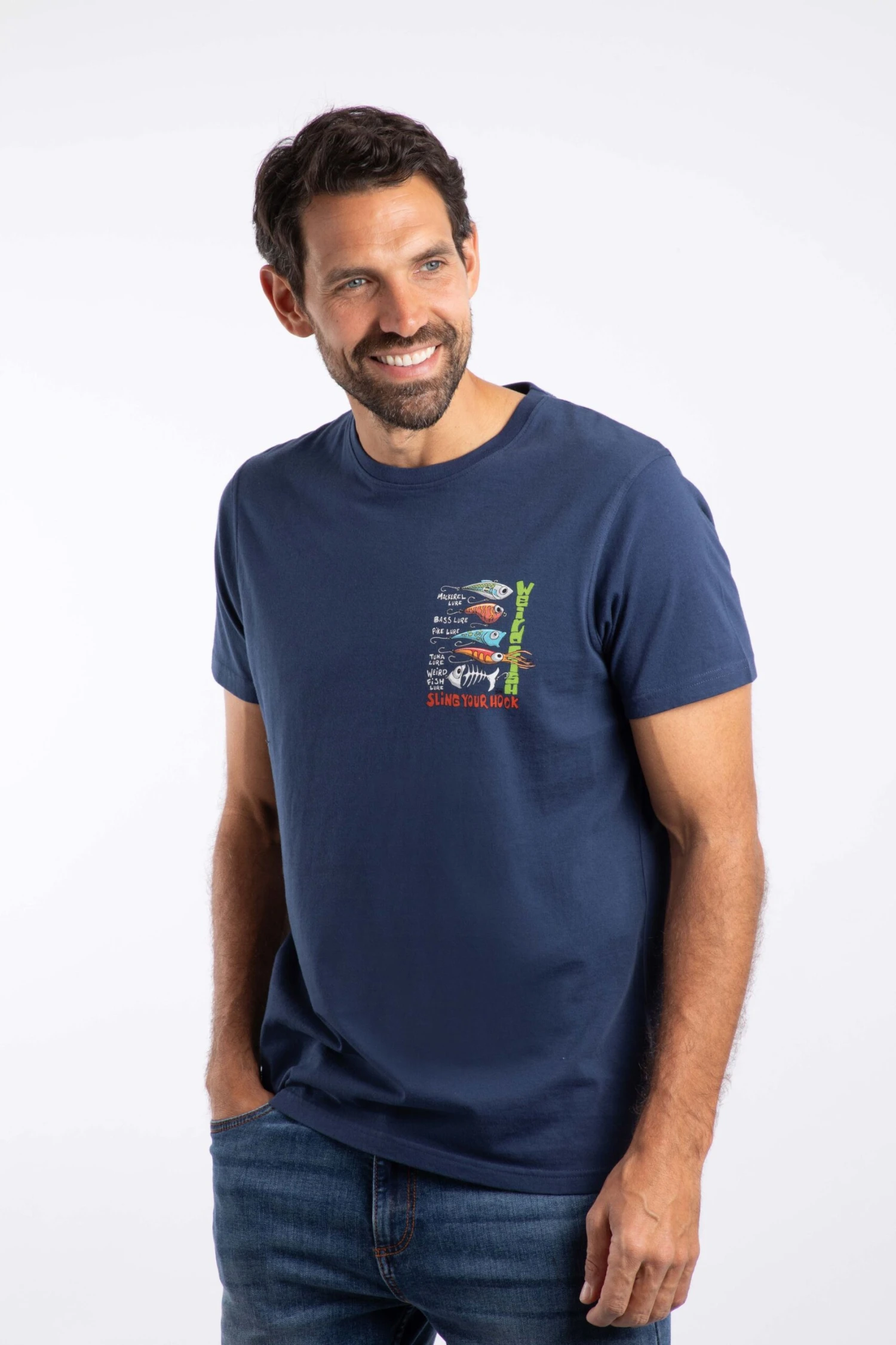 Sling Your Hook Back Print Artist T-Shirt Dark Blue 5 Sling Your Hook Back Print Artist T-Shirt Dark Blue - Image 3