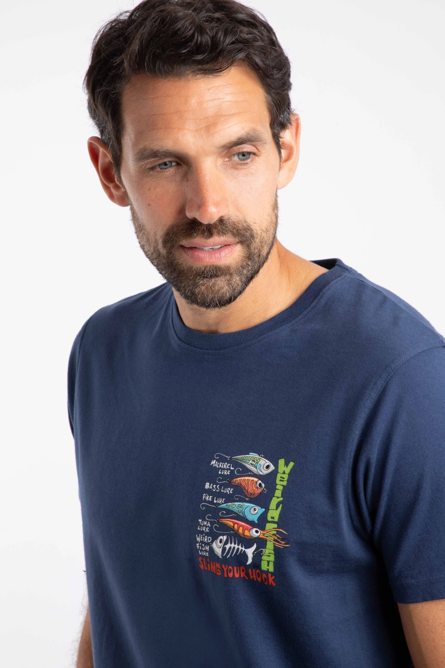 Sling Your Hook Back Print Artist T-Shirt Dark Blue 7 Sling Your Hook Back Print Artist T-Shirt Dark Blue - Image 5